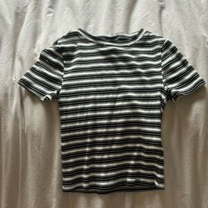Divided Black Green and White Stripe Baby-Tee Women's S
